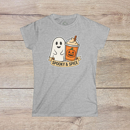 Spooky And Spice Ghost Graphic Tee in heather gray, featuring a charming ghost and Halloween-themed drink illustration, great for everyday style.