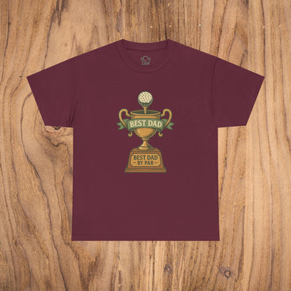 Best Dad Trophy T-Shirt in maroon color, featuring an eye-catching golf trophy design with the text 'Best Dad by Par', made from soft cotton for durable comfort.