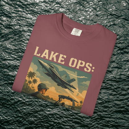 Folded Garment-Dyed Comfort Tee For Adults in maroon featuring the 'Lake Ops: Whiskey on Deck' print, perfect for outdoor occasions.