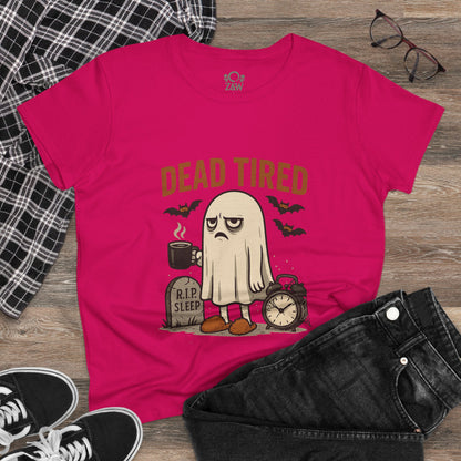 Stylish Cute Whimsical Ghost T-Shirt for Halloween displayed in pink, featuring a 'DEAD TIRED' graphic with a ghost, ideal for comfortable lounging.