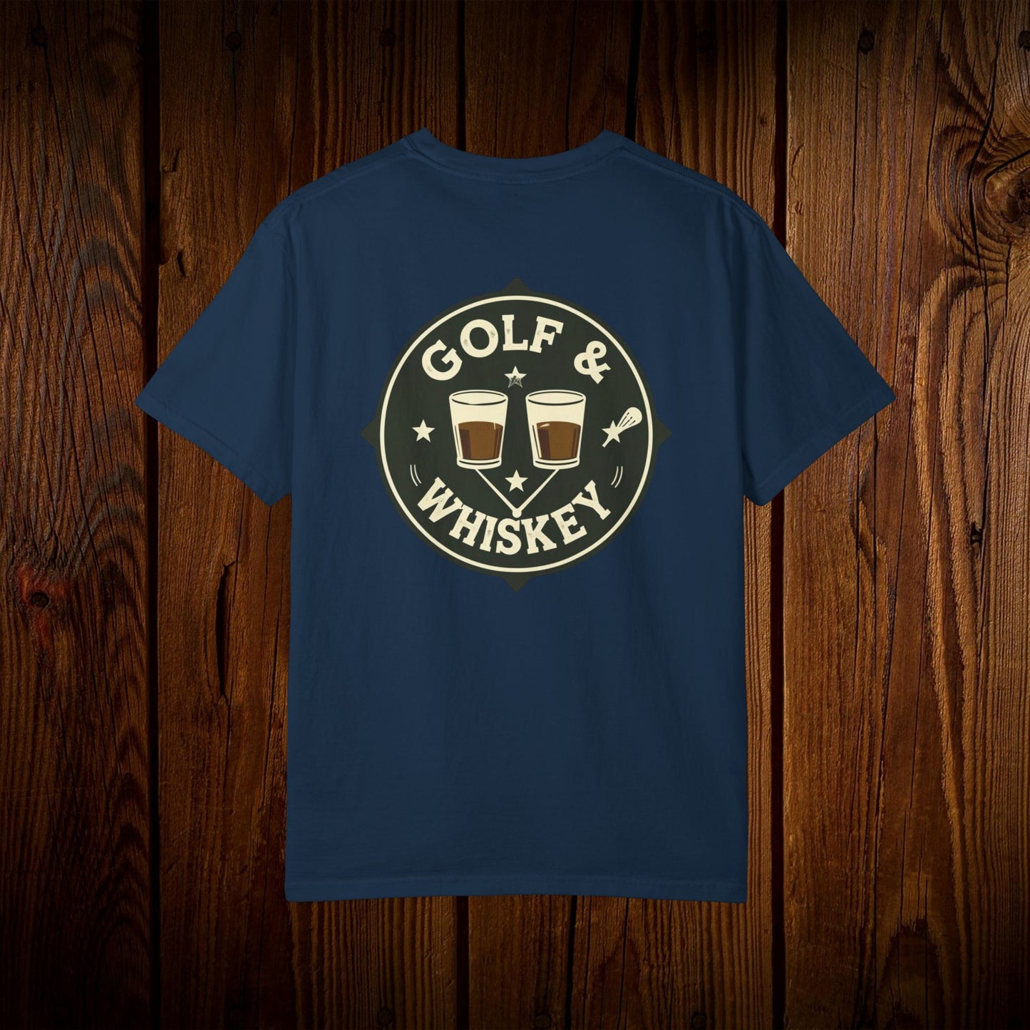 Men's Golf & Whiskey Tee in navy color with a stylish graphic design featuring glasses of whiskey on the back. Soft cotton fabric, eco-friendly, great for casual wear.