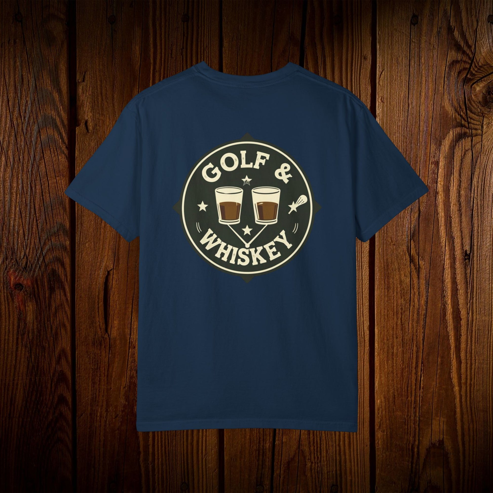 Men's Golf & Whiskey Tee in navy color with a stylish graphic design featuring glasses of whiskey on the back. Soft cotton fabric, eco-friendly, great for casual wear.