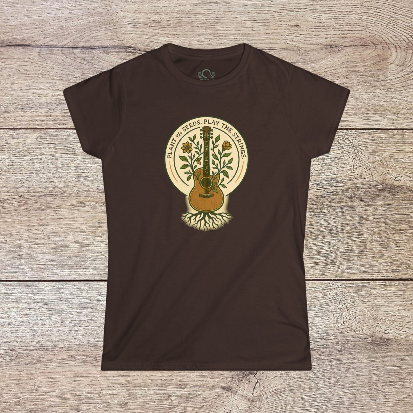Cozy Plant Guitar Sweatshirt with Kangaroo Pocket and Adjustable Hood - Ethically Made featuring a playful guitar and plant motif on a brown sweatshirt.