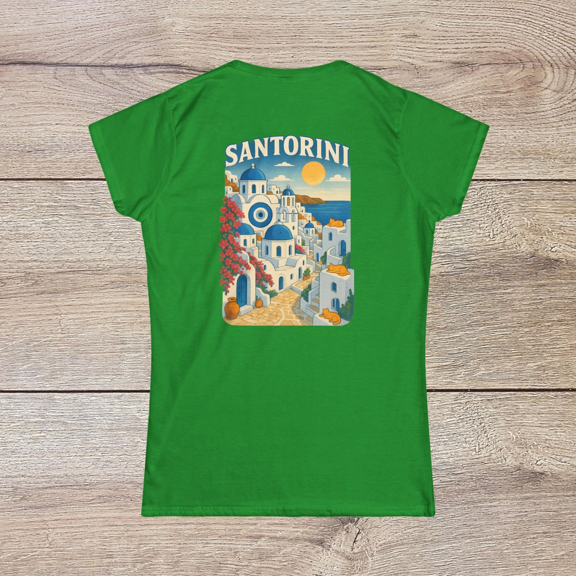 Santorini Tee in a bright green color, featuring a stunning illustration of Santorini’s skyline on the back, designed for comfort and made from 100% ring-spun cotton.