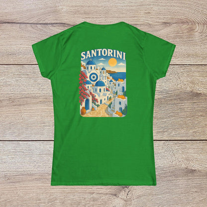 Santorini Tee in a bright green color, featuring a stunning illustration of Santorini’s skyline on the back, designed for comfort and made from 100% ring-spun cotton.