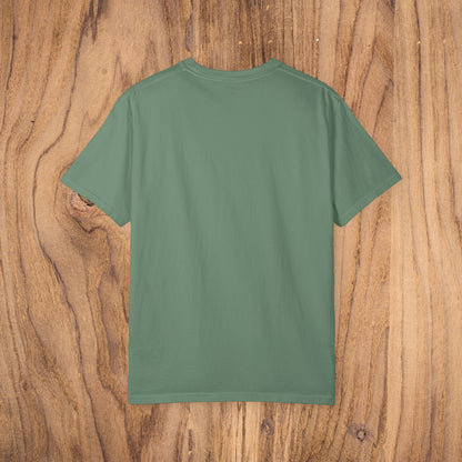 Back view of Sunset Trees Unisex T-Shirt in muted green displaying the relaxed fit and soft cotton, perfect for layering and accessorizing.