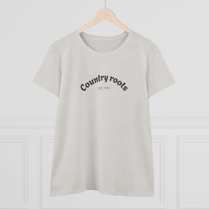 Casual light grey Country Roots Cowgirl Tee presented on a clean, bright background, featuring 'Country roots EST 1984'. An essential for stylish everyday wear.