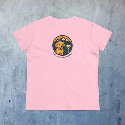Unisex Dog Lover T-Shirt - 100% Cotton Soft Short Sleeve Tee designed with a golden retriever and mountain theme, in vibrant pink, ideal for casual outings.