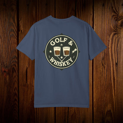 Men's Golf & Whiskey Tee showcasing a stylish back design with two whiskey glasses and golf elements on a blue shirt, perfect for golf lovers who enjoy whiskey.