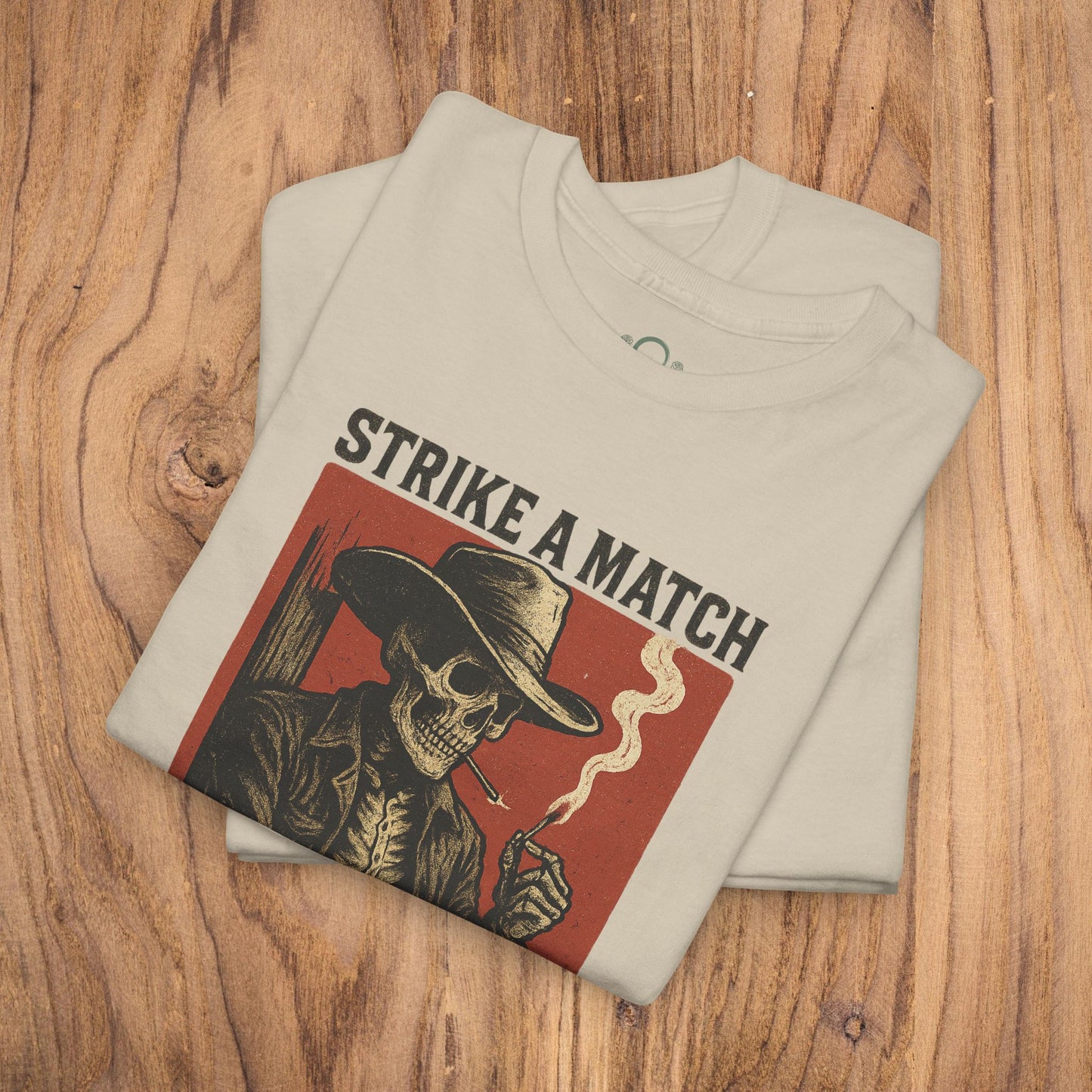 Bangtown Outlaws Retro Casual Party Shirt in beige showcasing a bold skull design and the phrase 'STRIKE A MATCH', ideal for trendy gatherings and casual outings.