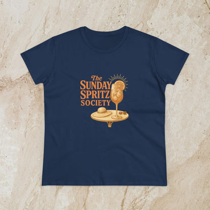 Stylish navy Women's Midweight Cotton Tee with 'The Sunday Spritz Society' graphic, ideal for comfortable and fashionable everyday looks.