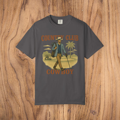 Country Club Cowboy Graphic Tee in charcoal gray, depicting a fashionable cowboy with a golf bag, excellent for outdoor adventures.