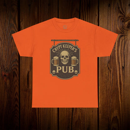 Crypt Keeper's Pub Tee in bright orange, featuring a skull design and beer mugs, perfect for Halloween and pub crawls.