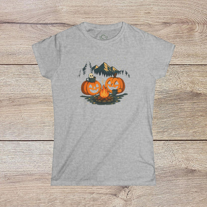 Fall Pumpkin Campfire T-Shirt in grey color featuring pumpkins and a campfire, perfect for Halloween, vintage unisex style, available in sizes S-4XL.