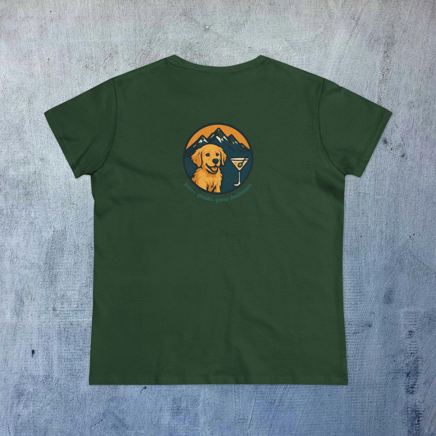 Back view of a green Unisex Dog Lover T-Shirt featuring a playful dog graphic against a mountainous backdrop, perfect for casual outings.