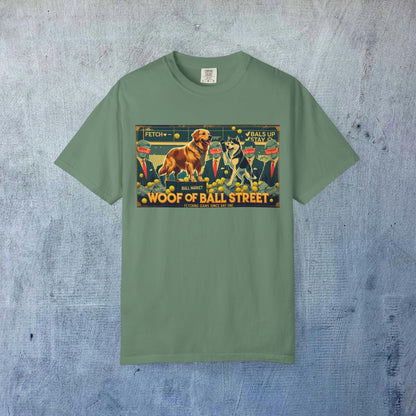 Sleek Woof of Ball Street T-Shirt in green color, featuring a playful dog design with vibrant graphics, crafted from 100% cotton for ultimate comfort.