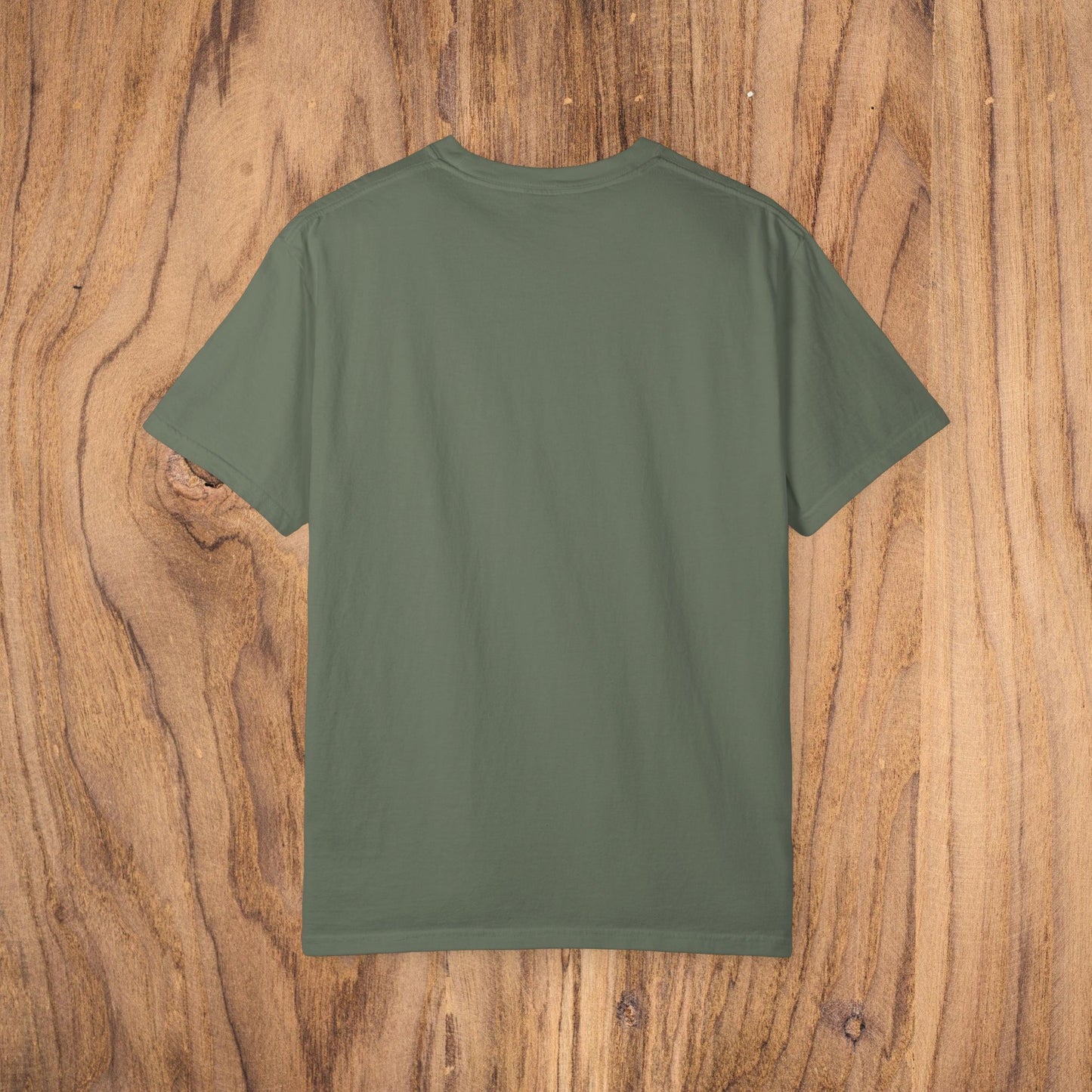Bayshore Lifestyle Tee - 100% Cotton Lightweight Fabric, Ribbed Neck, Sizes XS-5XL - Back view of a green t-shirt on wood background.