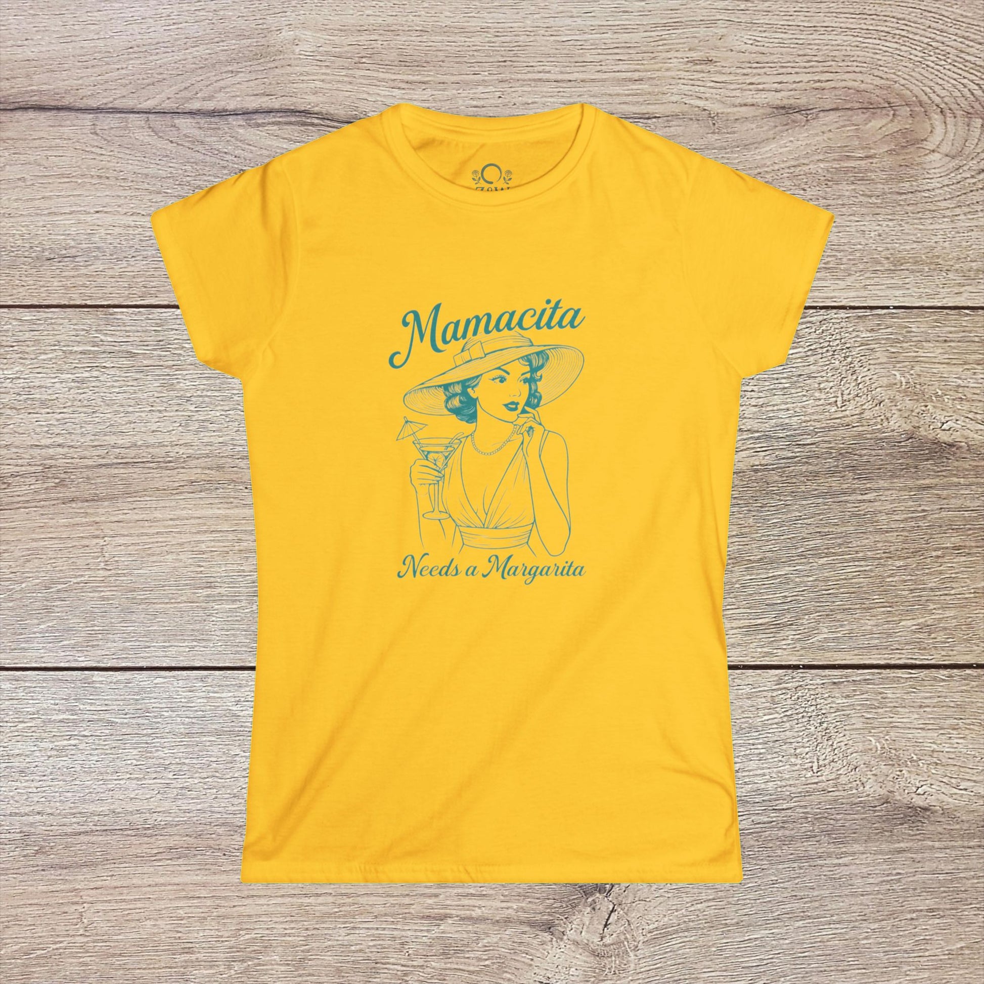 Mamacita Margarita Cotton Tee in yellow, displaying a vibrant design with a woman holding a margarita, made from lightweight fabric for ultimate comfort.