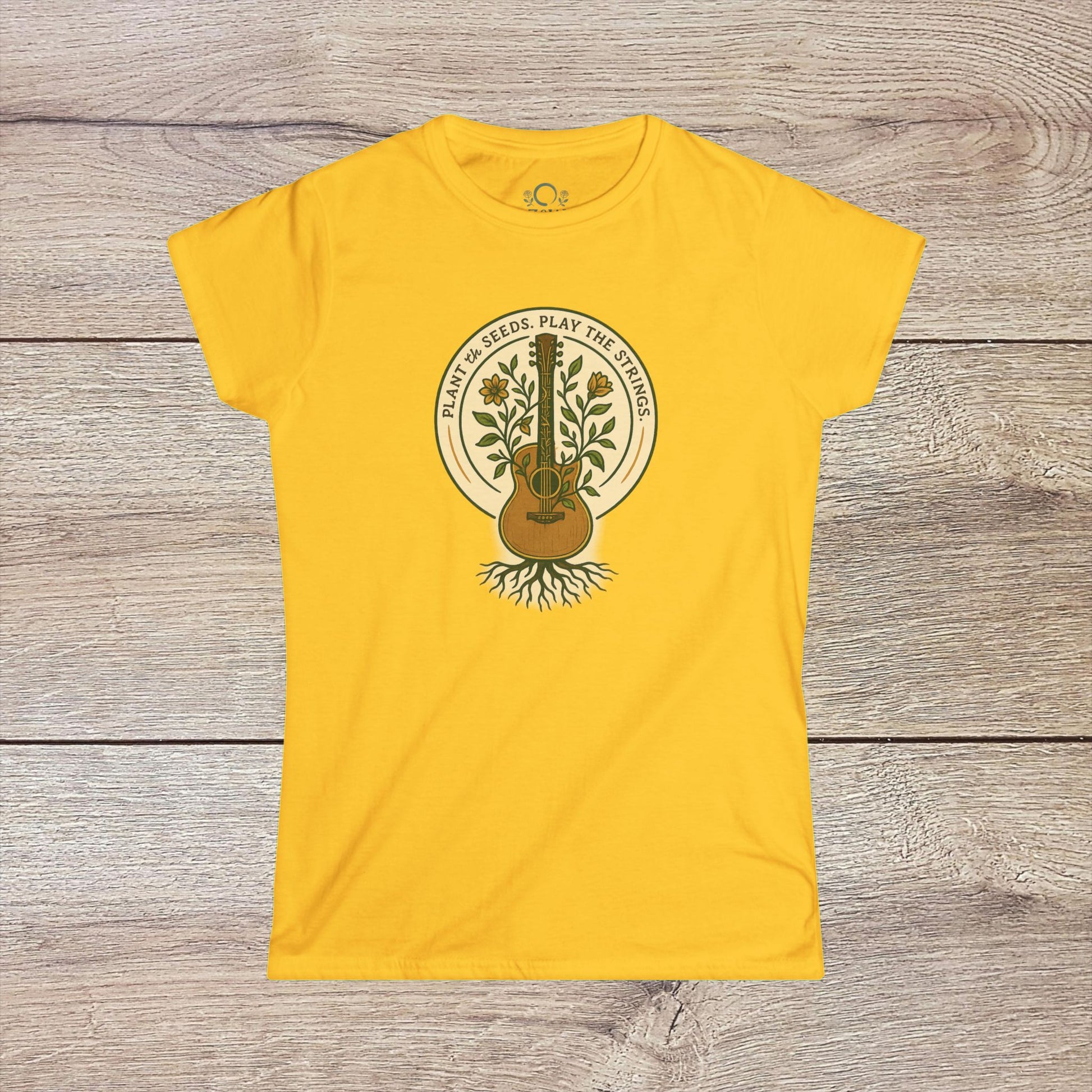 Cozy Plant Guitar Sweatshirt with Kangaroo Pocket and Adjustable Hood - Ethically Made presenting a vibrant yellow shirt with a guitar and plant graphic.