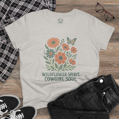 Wildflower Spirit Cotton Tee in light color, featuring floral and butterfly graphic, designed for a comfortable fit and stylish look.