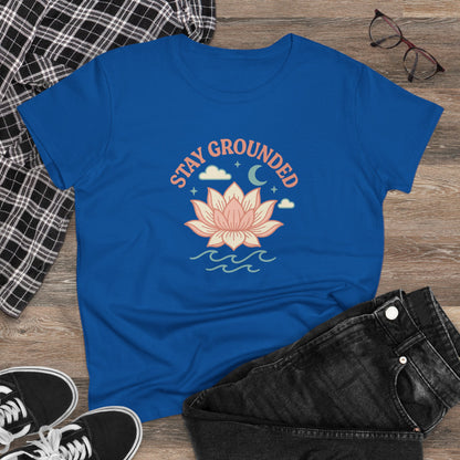Stay Grounded Spiritual Tee - Blue crop top styled with black jeans and sneakers, embodying comfort and style for casual outings.