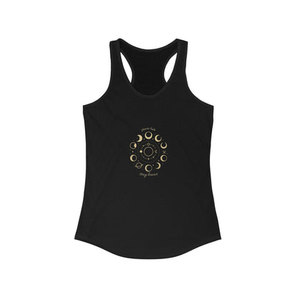 Stay Lunar Yoga Tank featuring a unique moon phase design, made from lightweight 60% cotton and 40% polyester blend, perfect for active lifestyles.