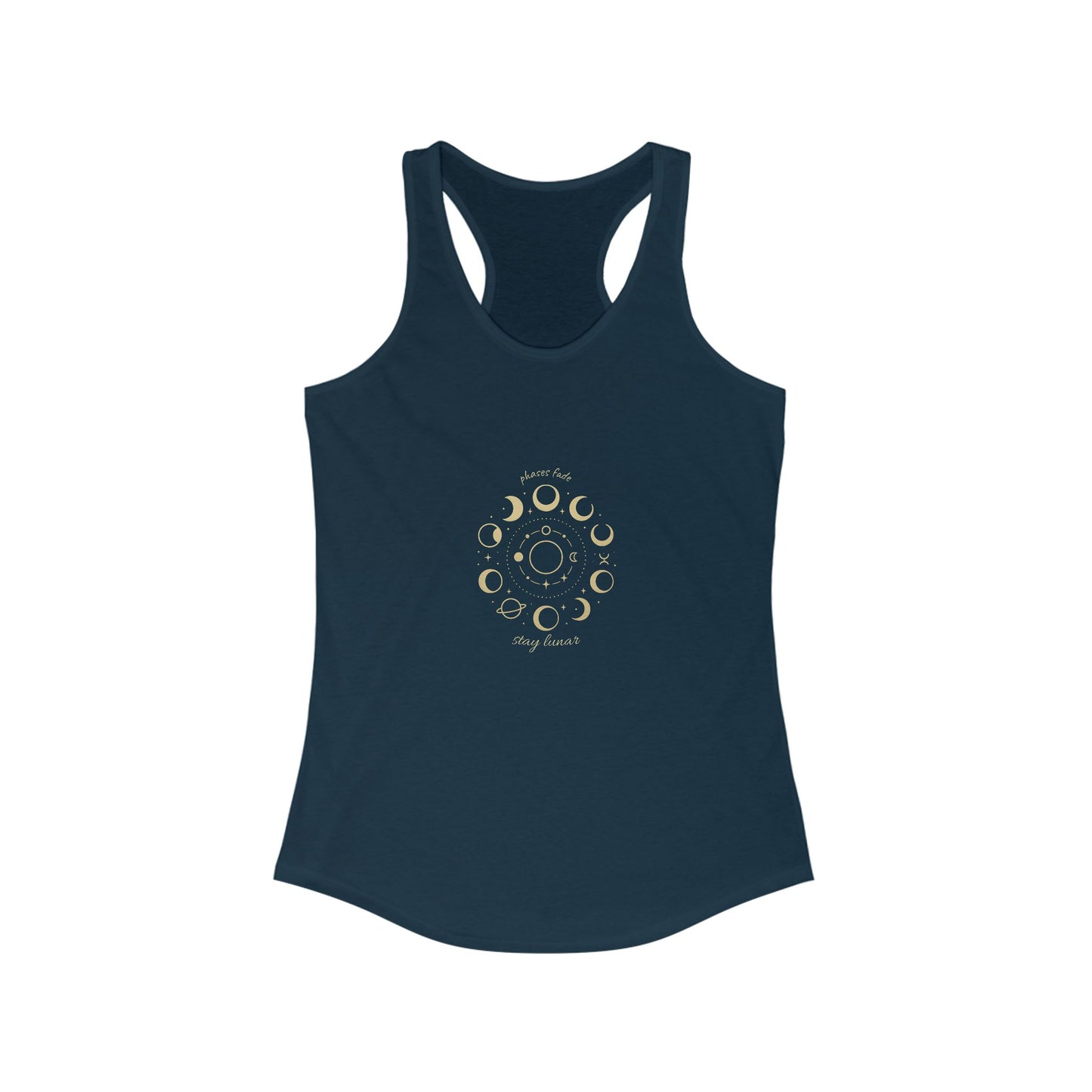 Stay Lunar Yoga Tank in dark navy, featuring a stylish moon phase design, made from a lightweight blend of 60% cotton and 40% polyester, perfect for yoga and active lifestyle.
