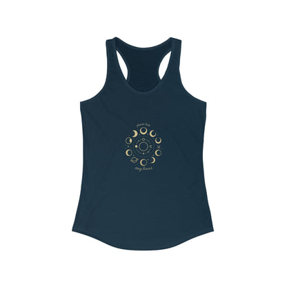 Stay Lunar Yoga Tank in dark navy, featuring a stylish moon phase design, made from a lightweight blend of 60% cotton and 40% polyester, perfect for yoga and active lifestyle.