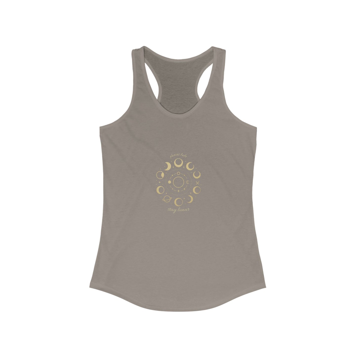 Stay Lunar Yoga Tank in taupe color, crafted from a lightweight blend of 60% cotton and 40% polyester, with a decorative lunar motif.