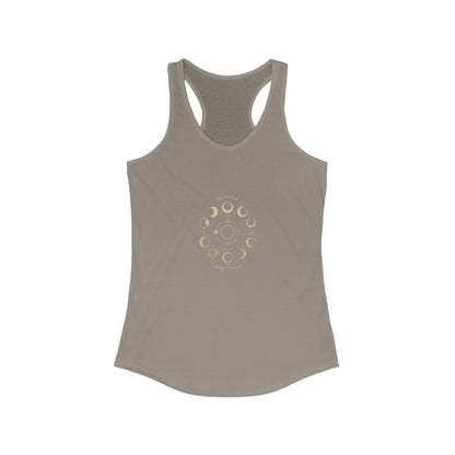 Stay Lunar Yoga Tank in taupe color, crafted from a lightweight blend of 60% cotton and 40% polyester, with a decorative lunar motif.