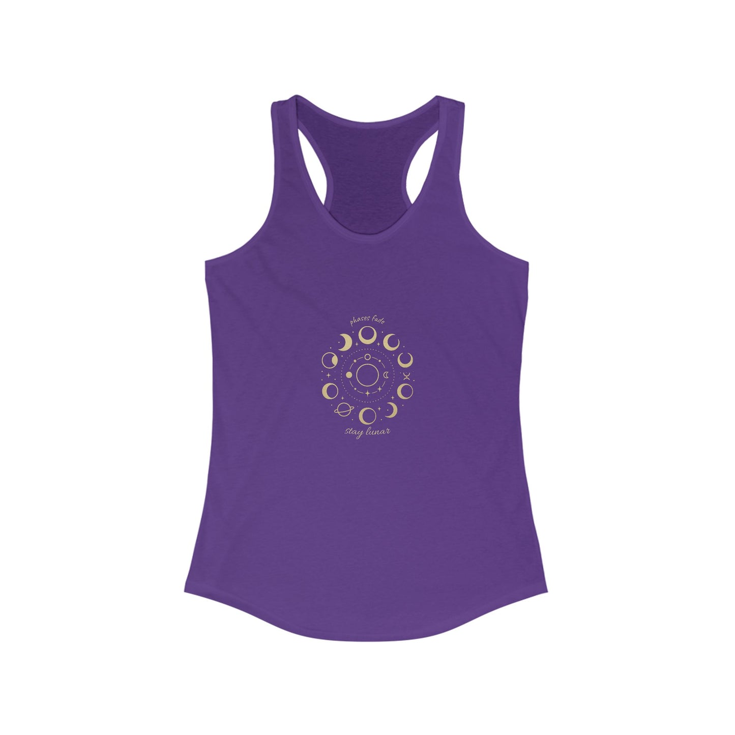 Stay Lunar Yoga Tank in vibrant purple, designed with an eye-catching moon phase graphic, crafted from durable lightweight material, perfect for workouts and casual wear.