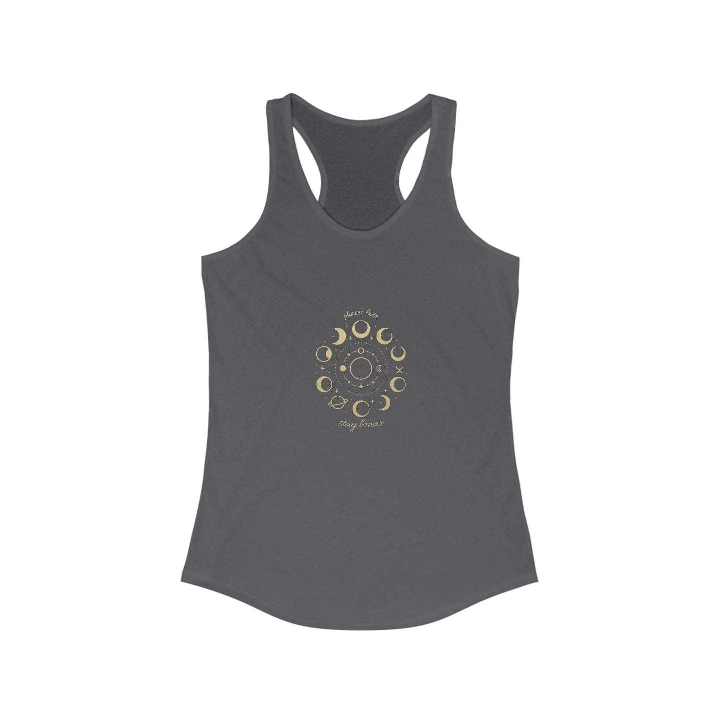 Stay Lunar Yoga Tank in charcoal gray, showcasing a unique moon phase print, composed of lightweight 60% cotton and 40% polyester fabric, ideal for your yoga sessions.