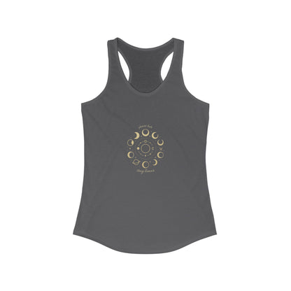 Stay Lunar Yoga Tank in charcoal gray, showcasing a unique moon phase print, composed of lightweight 60% cotton and 40% polyester fabric, ideal for your yoga sessions.