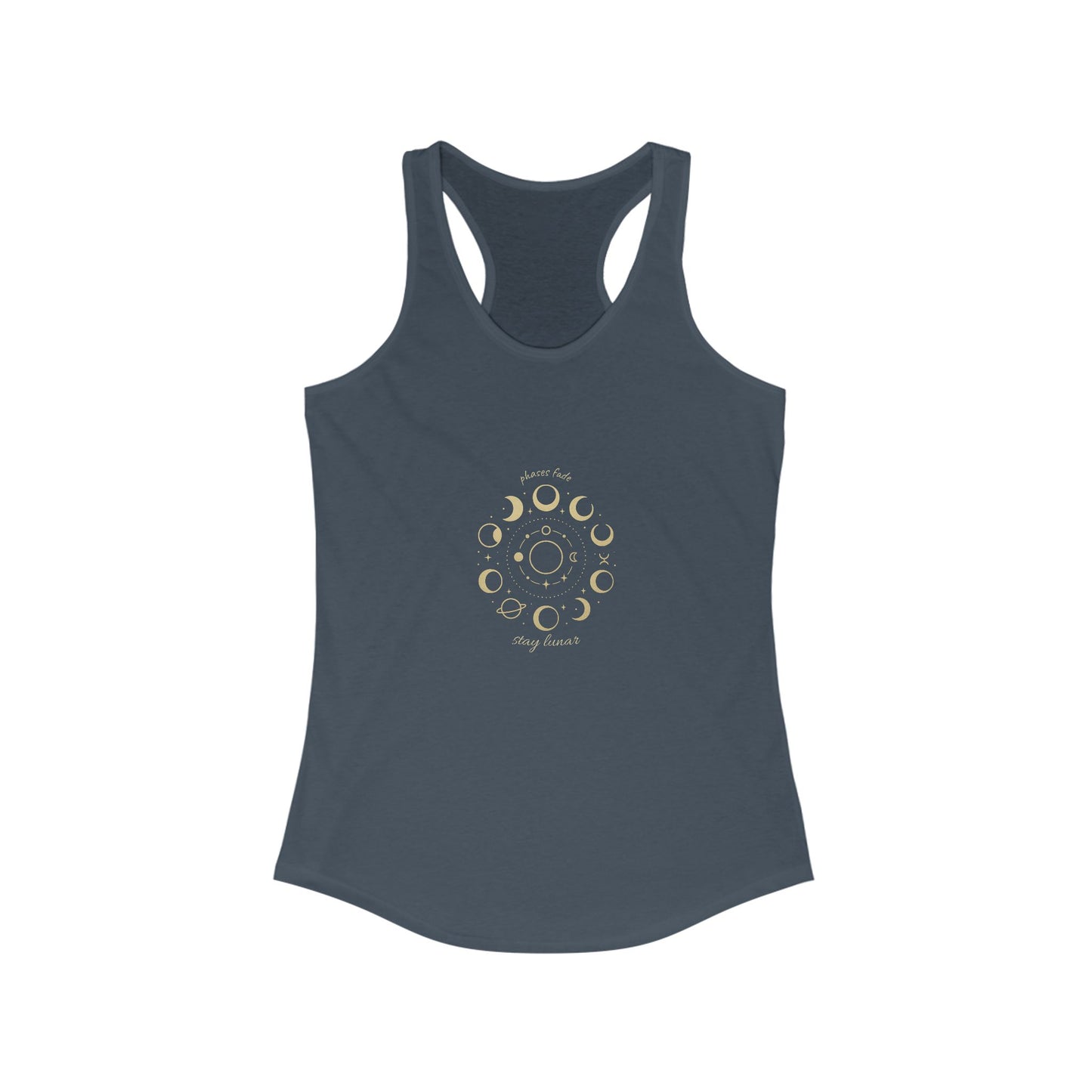 Stay Lunar Yoga Tank in dark navy blue, constructed from lightweight 60% cotton and 40% polyester, adorned with a celestial moon phase illustration.