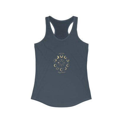Stay Lunar Yoga Tank in dark navy blue, constructed from lightweight 60% cotton and 40% polyester, adorned with a celestial moon phase illustration.