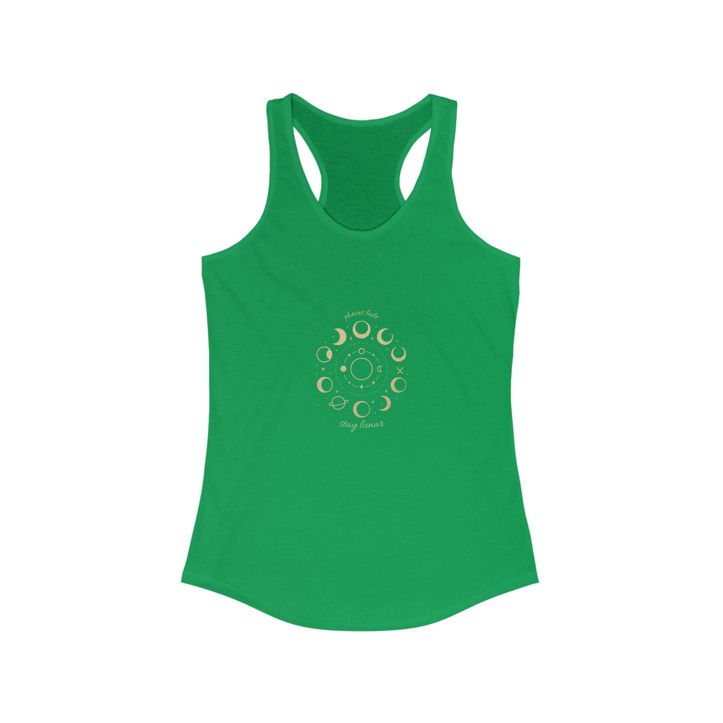 Stay Lunar Yoga Tank in vibrant green, made from a lightweight 60% cotton and 40% polyester fabric, featuring a stylish lunar design.