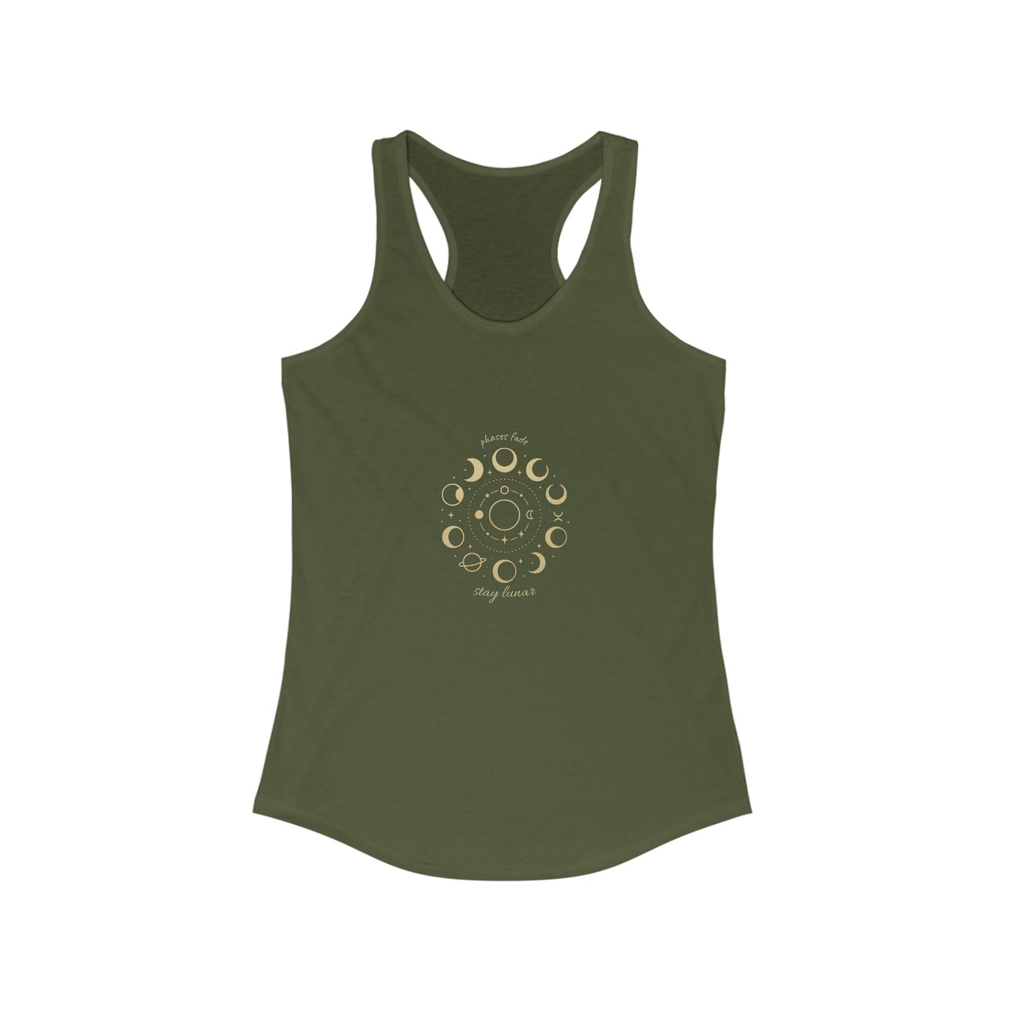 Stay Lunar Yoga Tank in olive green color, designed for comfort with 60% cotton and 40% polyester, showcasing a unique moon phase graphic.