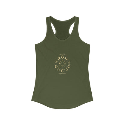 Stay Lunar Yoga Tank in olive green color, designed for comfort with 60% cotton and 40% polyester, showcasing a unique moon phase graphic.