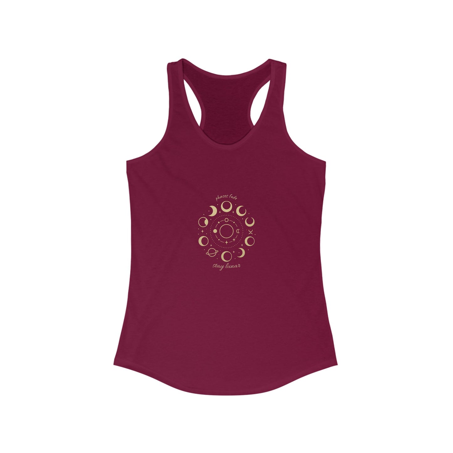 Stay Lunar Yoga Tank in rich burgundy, featuring a captivating moon phase illustration, made of a comfortable blend of 60% cotton and 40% polyester, suitable for active lifestyles.