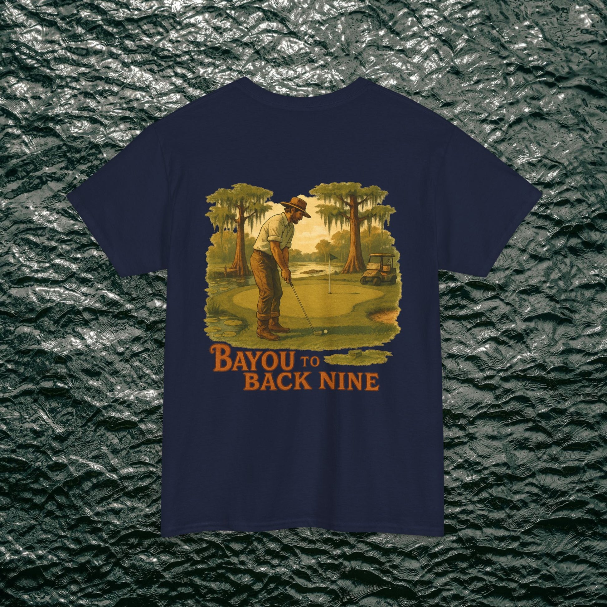 Bayou To Back Nine Softstyle Golf Tee with a nostalgic golfer print, great for enjoying leisurely outings in comfort.