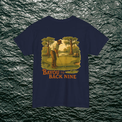 Bayou To Back Nine Softstyle Golf Tee with a nostalgic golfer print, great for enjoying leisurely outings in comfort.