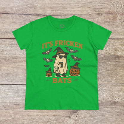 Halloween Unisex T-Shirt featuring a fun graphic of a ghost with sunglasses, bats, and pumpkins. Made from 100% cotton, perfect for trick-or-treating.