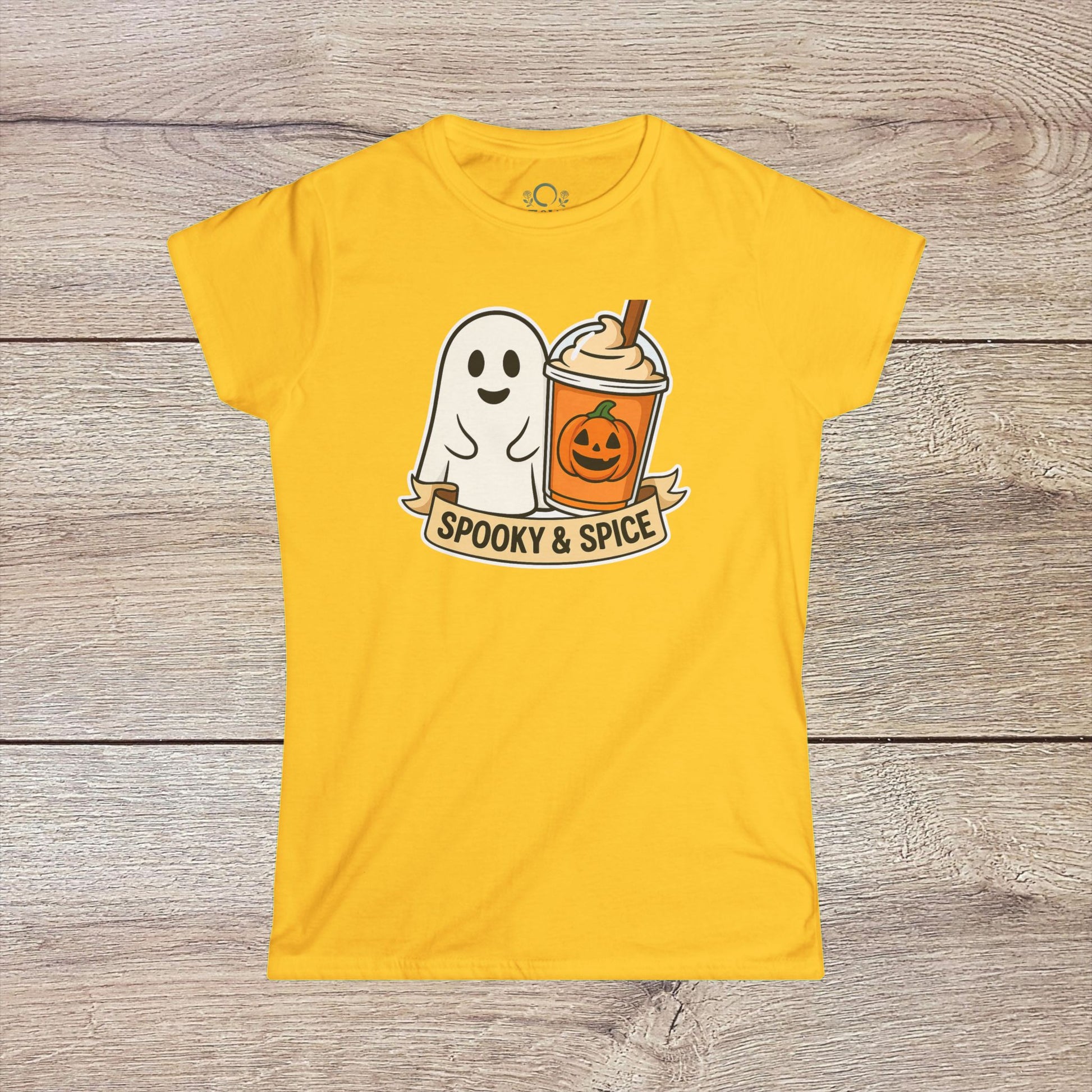 Spooky And Spice Ghost Graphic Tee in vibrant yellow, displaying an adorable ghost and festive drink design, perfect for fall fashion.