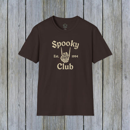 Unisex Spooky Club Tee in a dark brown color, featuring a skeleton hand graphic and text, crafted from soft 100% cotton for comfort.