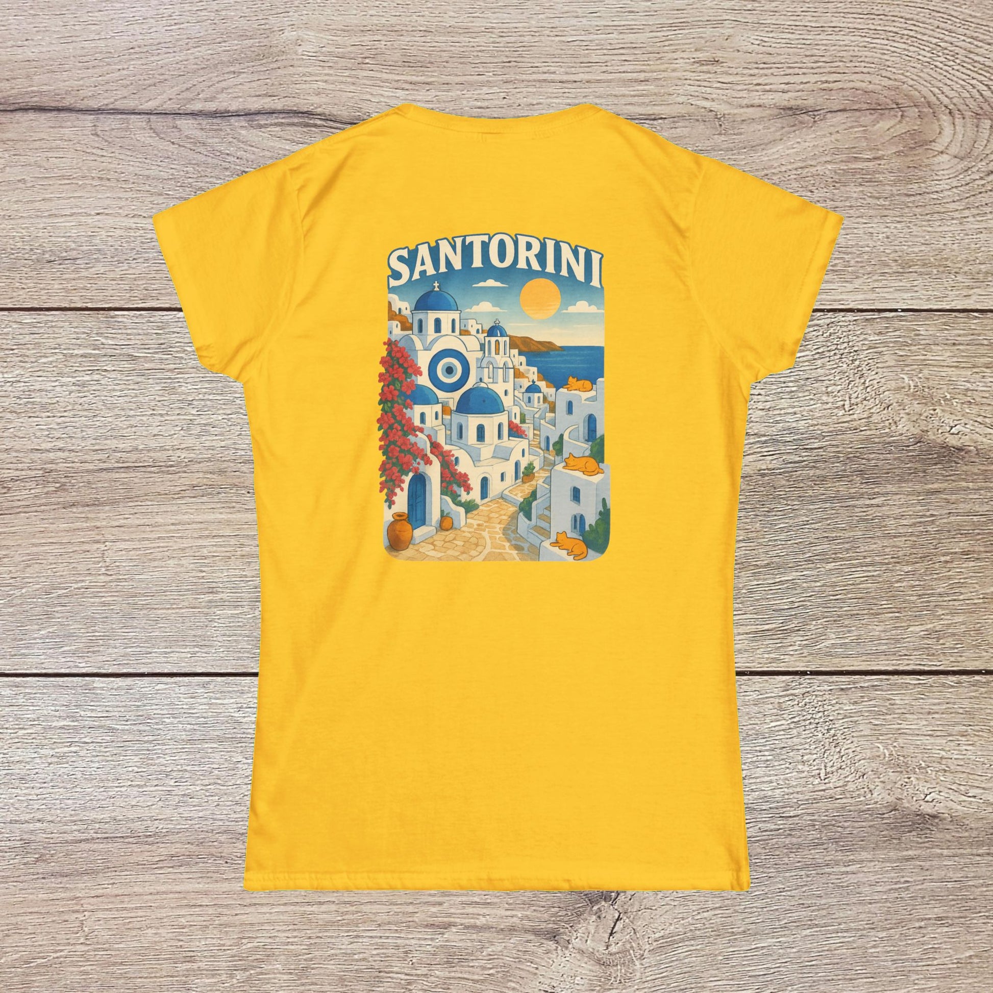 Santorini Tee featuring a vibrant yellow color with a beautiful illustration of Santorini's iconic architecture on the back, showcasing a seamless design made from 100% ring-spun cotton for ultimate comfort.