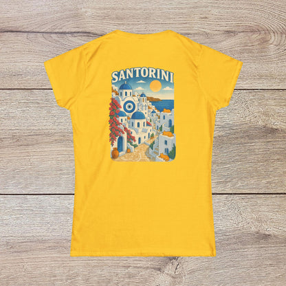 Santorini Tee featuring a vibrant yellow color with a beautiful illustration of Santorini's iconic architecture on the back, showcasing a seamless design made from 100% ring-spun cotton for ultimate comfort.