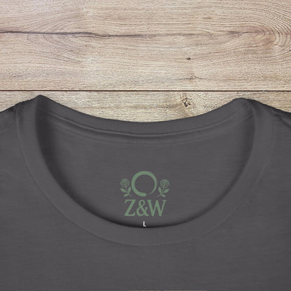 Close-up of the neckline on a dark grey Funny Pilates T-Shirt with durable shoulder tape and Z&W logo, ideal for everyday wear.