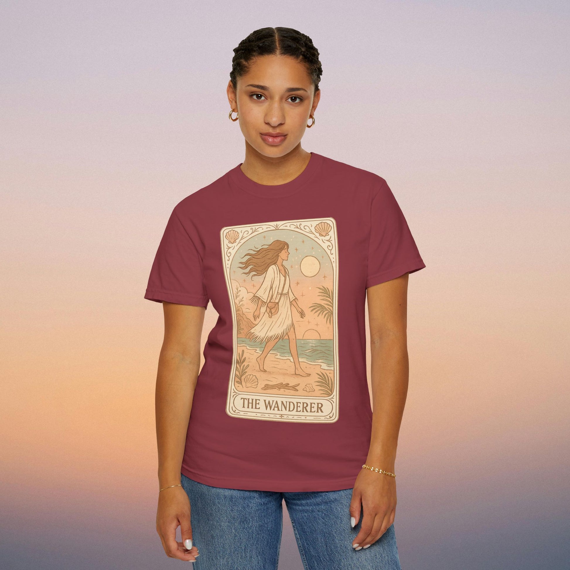 Wanderer Tarot Graphic Tee in burgundy shade, emphasizing unique style and comfort, crafted with 100% ethically sourced cotton.