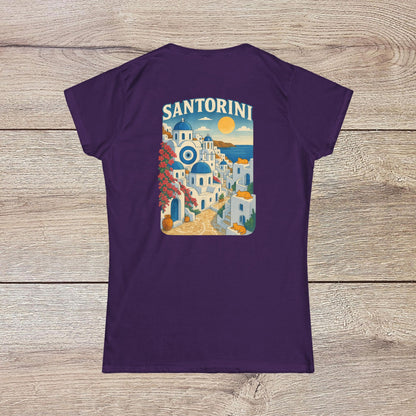 Santorini Tee featuring a vivid back design of Santorini's iconic architecture and sunset, made from 100% ring-spun cotton.