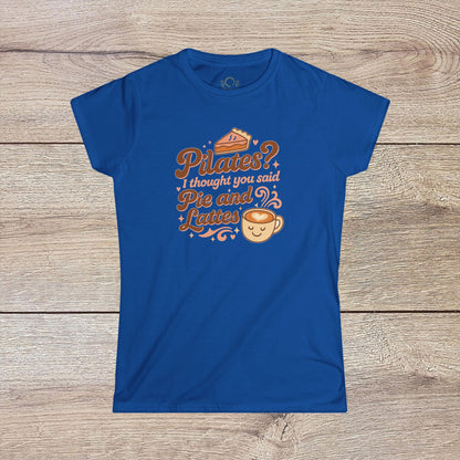 Funny Pilates T-Shirt featuring a humorous design: 'Pilates? I thought you said Pie and Lattes'. Durable shoulder tape and classic fit for everyday comfort.